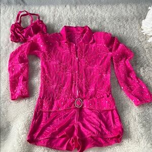 Kelle Bright Pink sparkly zip up long sleeve dance costume with under bra. Sz L